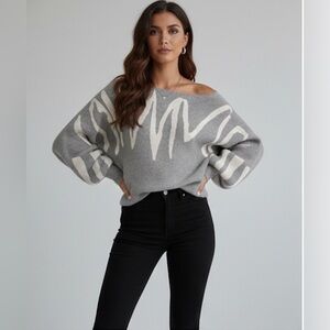 Graphic Pattern Lantern Sleeve Sweater Knit Pullover